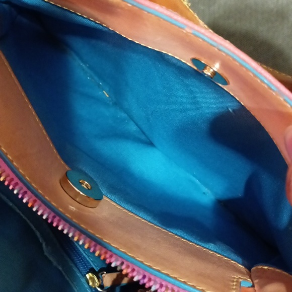 Dooney and Bourke pink multi color DB all over with tan leather handles - Picture 6 of 17